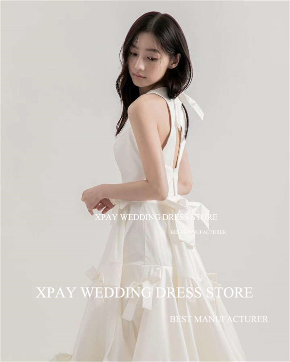 XPAY O Neck Korea Wedding Dresses Ruched Tiered Cut Out Back Wedding Pograph image 4