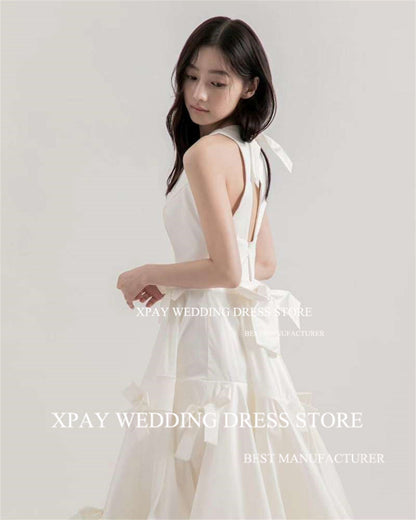 XPAY O Neck Korea Wedding Dresses Ruched Tiered Cut Out Back Wedding Pograph image 4