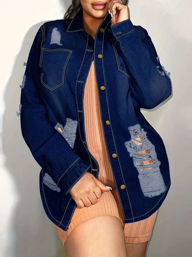 WoMenolid Color Stylish Button-down Denim Shirt Ripped Pocket Long-sleeved De