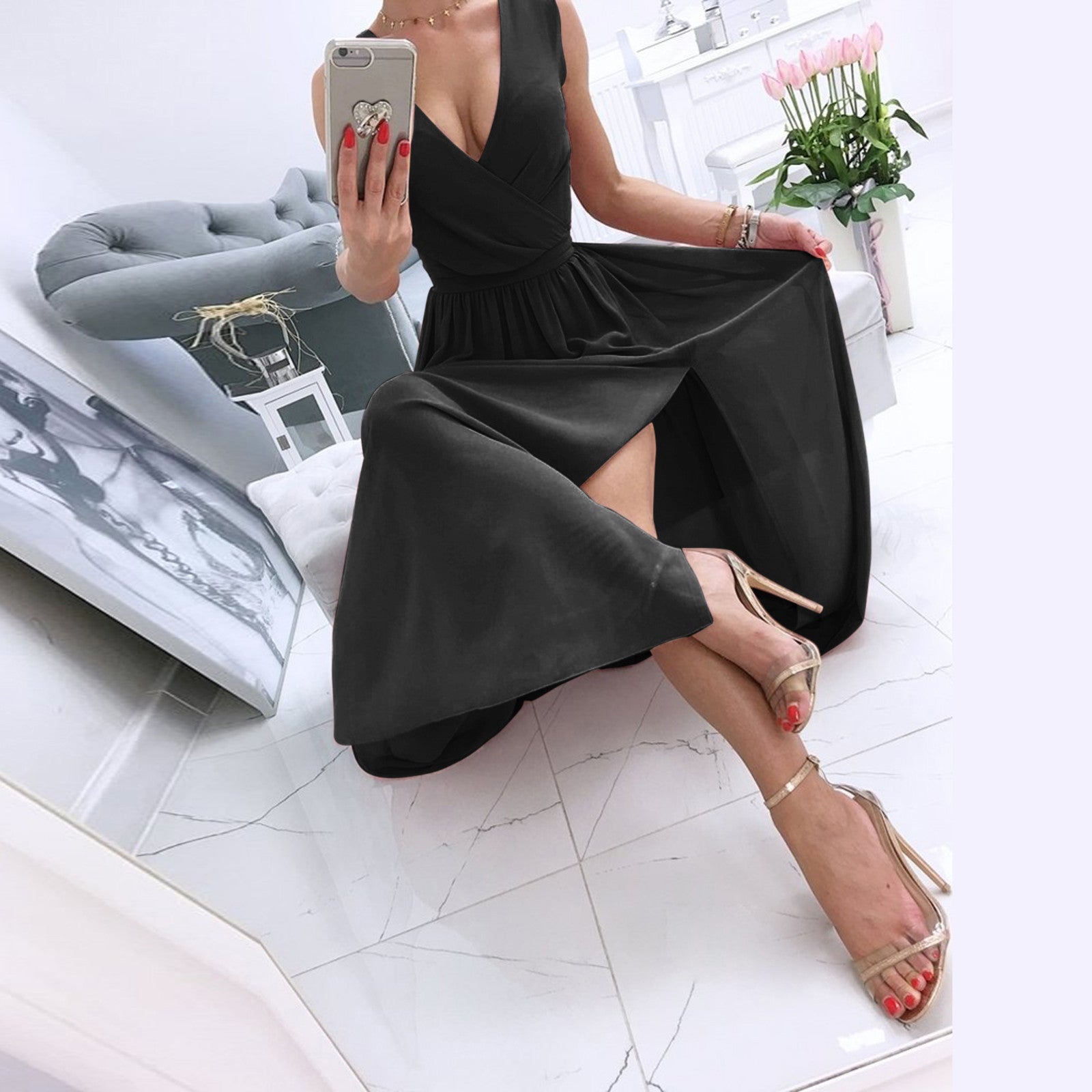 Women's Dresses Summer Pleated  V Neck Sleeveless Side Slit Long Maxi Casual Ch image 11
