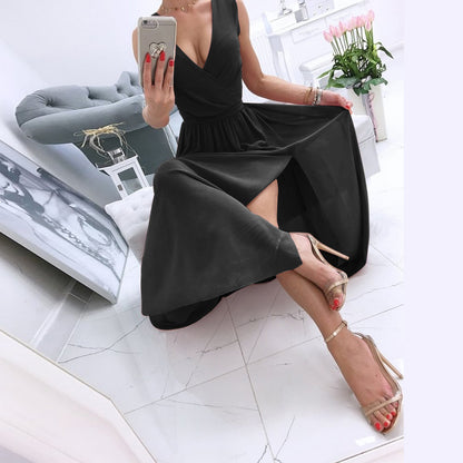 Women Dresses Summer Pleated  V Neck Sleeveless Side Slit Long Maxi Casual Ch image 11