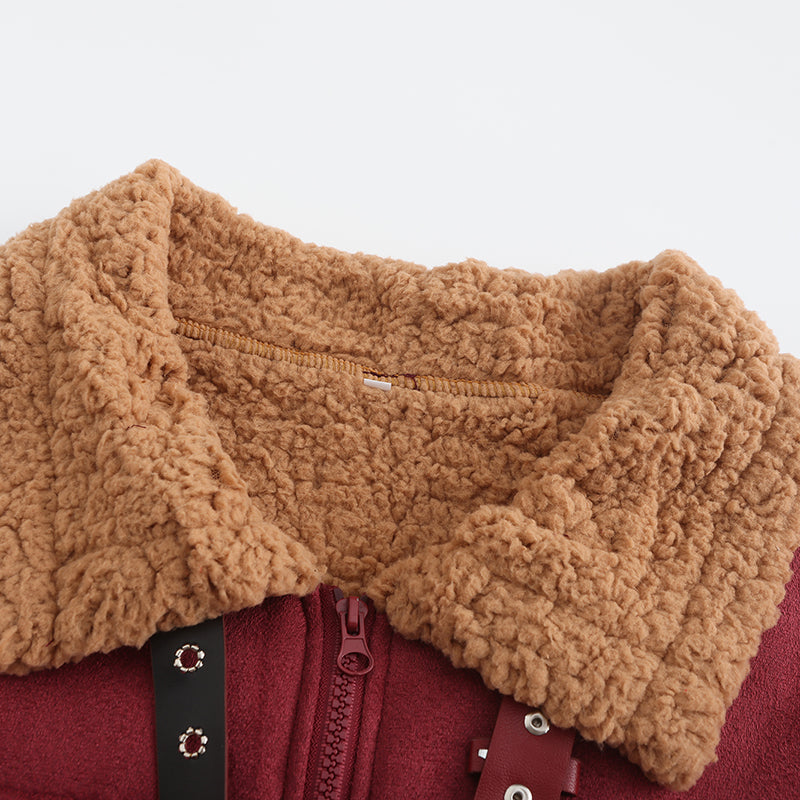 Men  Leather Jacket with Woolen Fleece Lining Zip Up Closure Long Slee