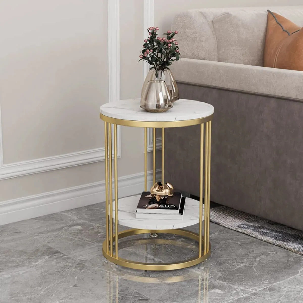 Round Marble Accent Table End 2 Tiers Storage Table Gold Metal Frame Nightstand image 0