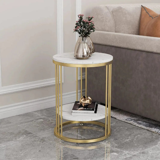 Round Marble Accent Table End 2 Tiers Storage Table Gold Metal Frame Nightstand image 0
