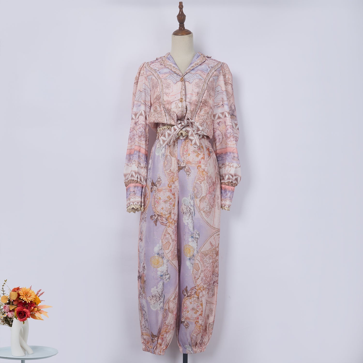 High Quality Elegant Print Vintage Single Breasted Long Dress Women Lantern Sle