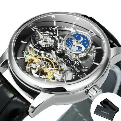 Forsining Luxury Skeleton Mechanical Watches for Men Dual Time Zone Tourbillion image 1