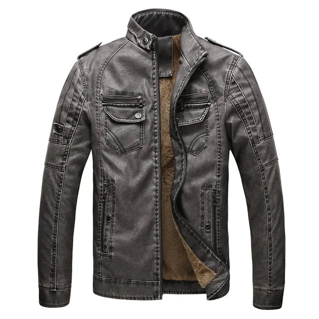 Motorcycle Jacket Men Slim Fit Collar Zipper Stand PU Leather Coat image 6