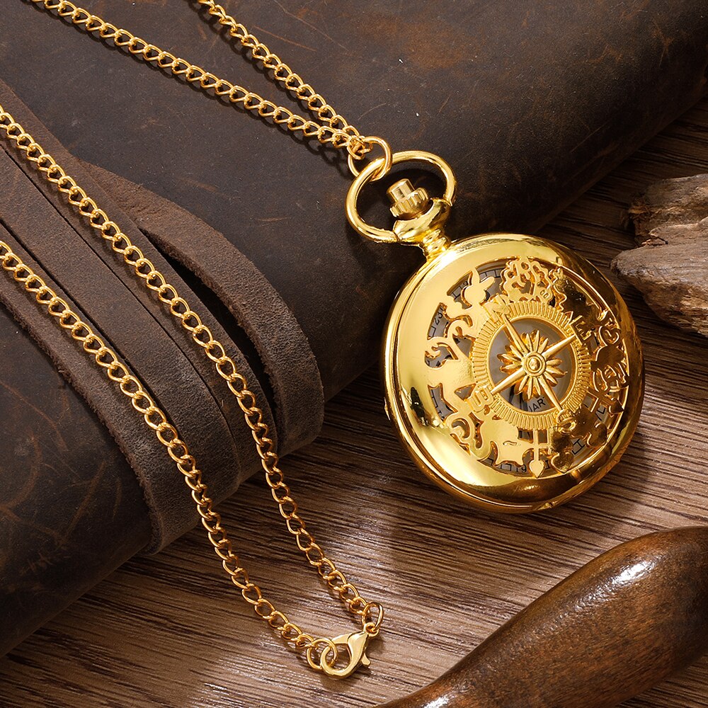 Antique Steampunk Vintage Arabic Numerals Quartz Pocket Watch Gold Case Necklac image 2