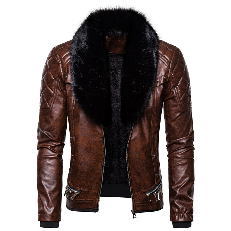 New Winter Fleece Motorcycle Leather Jacket Men Turn Down Fur Collar Slim Fit W image 7