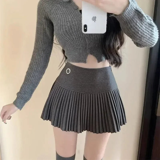HOUZHOU Woolen Pleated Skirt Women Korean Gorgeous Gorgeous High Waist A-line Patchwork