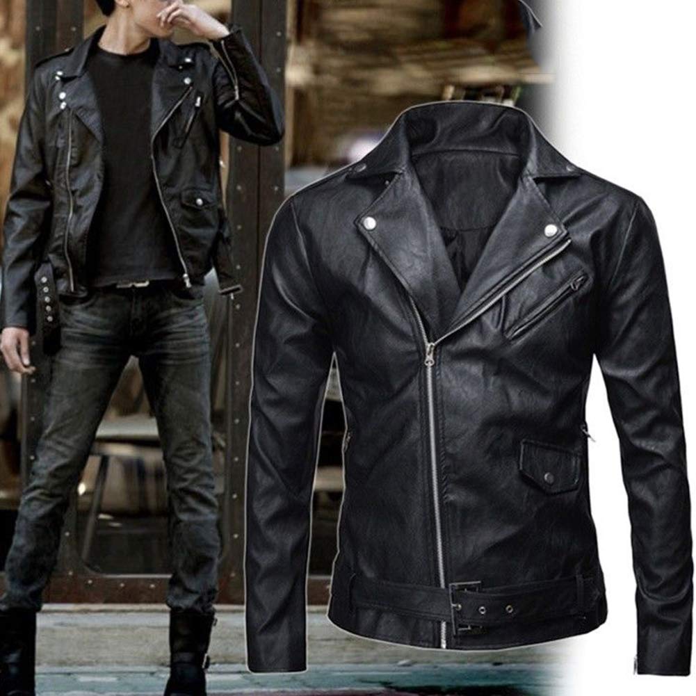 Men Leather Jacket Slim Fit Motorcycle Jacket Zipper Casual Coat Spring Autumn image 4