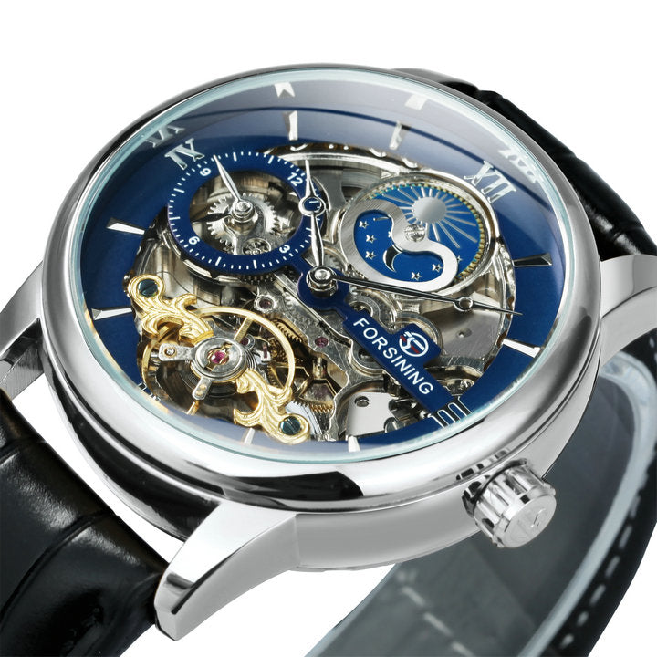 Forsining Luxury Skeleton Mechanical Watches for Men Dual Time Zone Tourbillion image 2