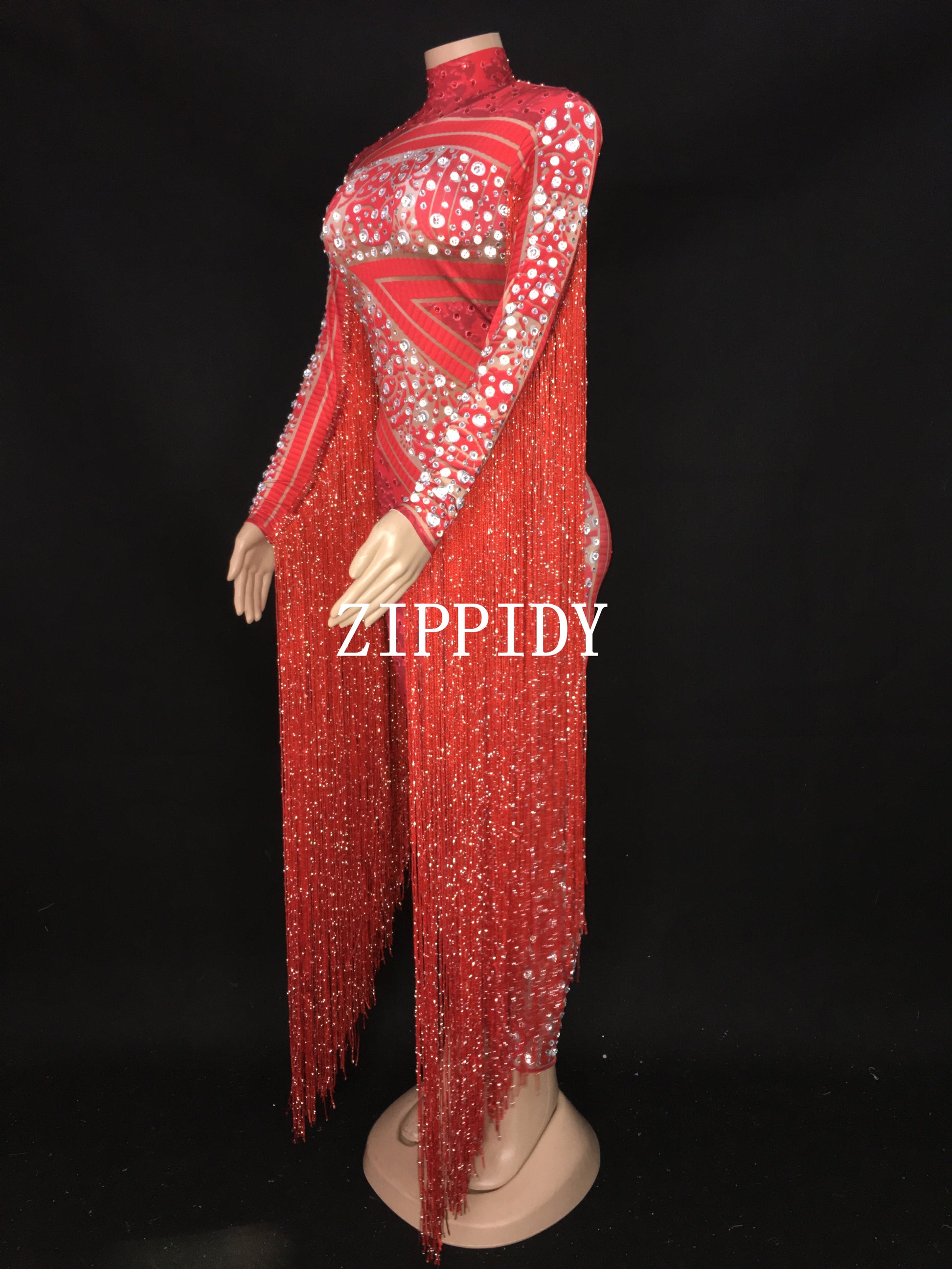 Red Fringes Rhinestones Jumpsuit Stage Bodysuit Celebrate Dance Tassel Costume image 7