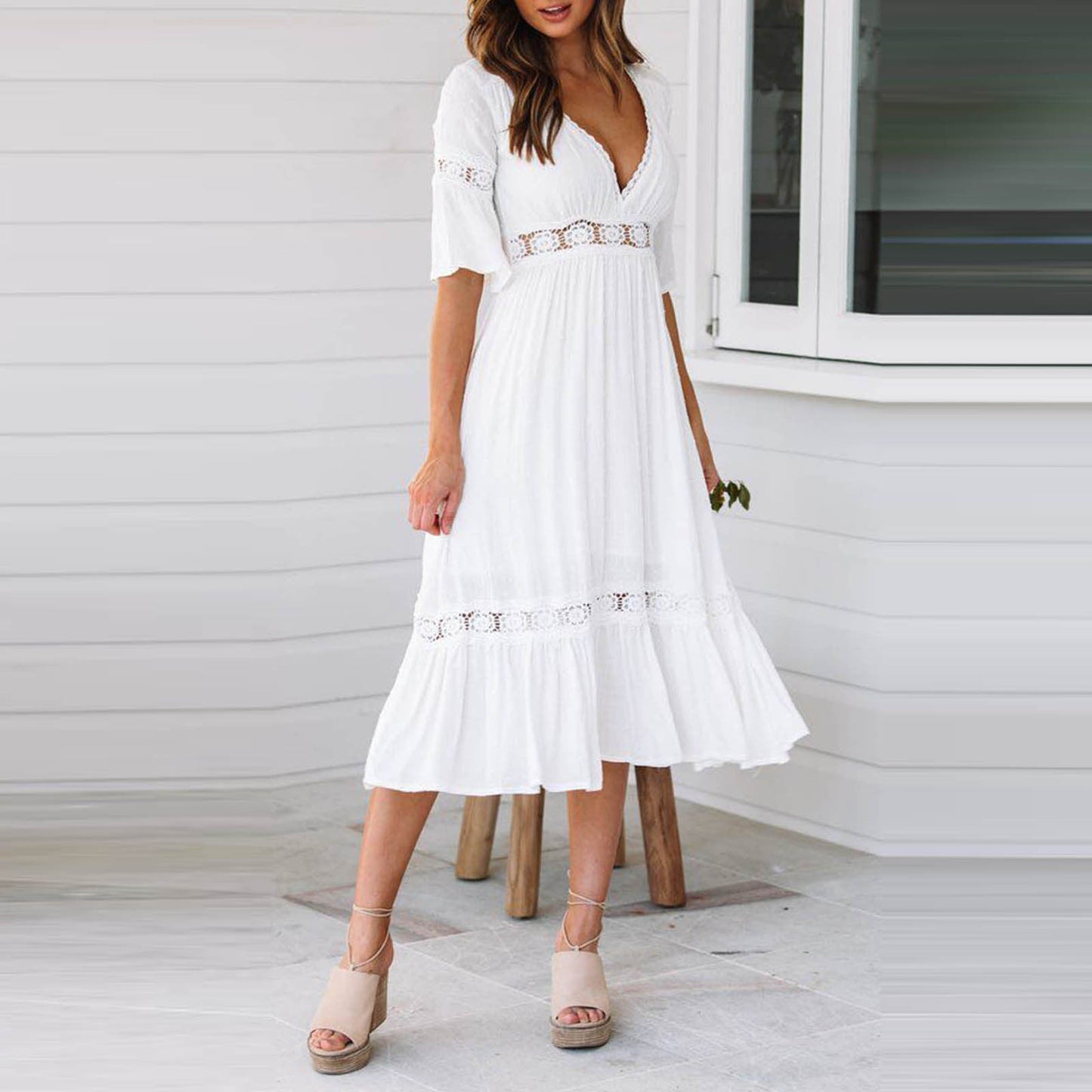 Deep V Lace White Dress Women Fashion Wedding Party  Dress Summer B