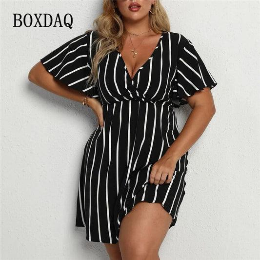 Women Plus Size Dresses 2023 New Fashion Summer V Neck Butterfly Short Sleeve