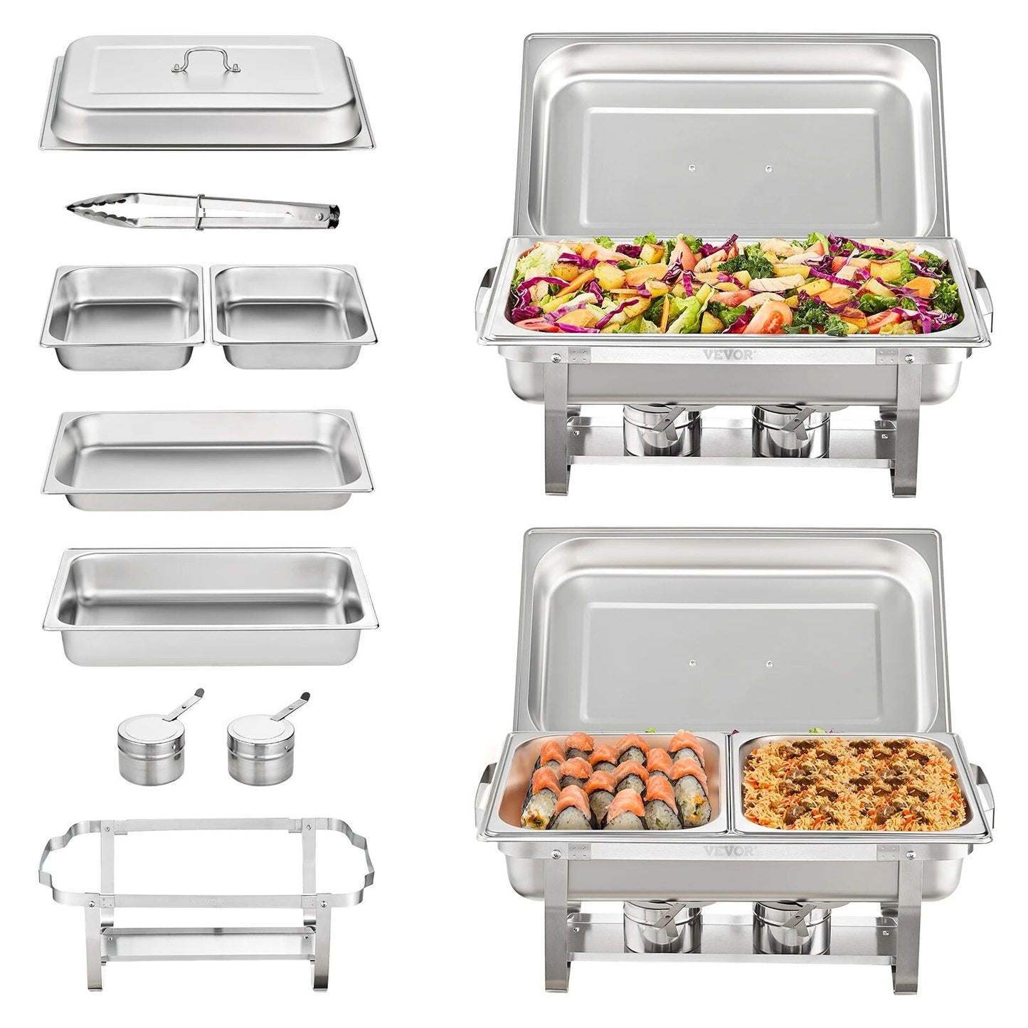 VEVOR 8QT Rectangle ChaFolding Dish 2/4/6 Packs w/ Full Size Pans Buffet Catering