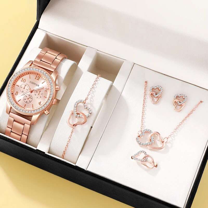 6Pcs Set Rose G Watch Women'S Ring Necklace Earring Rhinestone Fashion