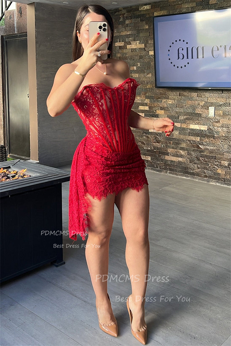 Red Strapless Lace Short Party Dresses Dubai Arabic Woman Cocktail Dress Blackg