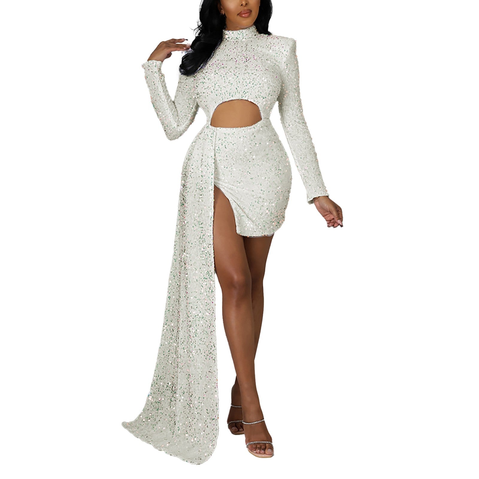 Elegant  White/Red Hollow Out Sequins Long Dress Women's Fashion Bodycon Lo image 4