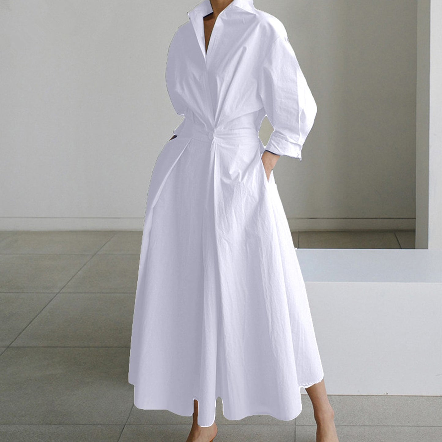 Women Long Sleeve White Shirt Dress 2024 Summer Autumn Casual Lapel Wrap Dresse image 2