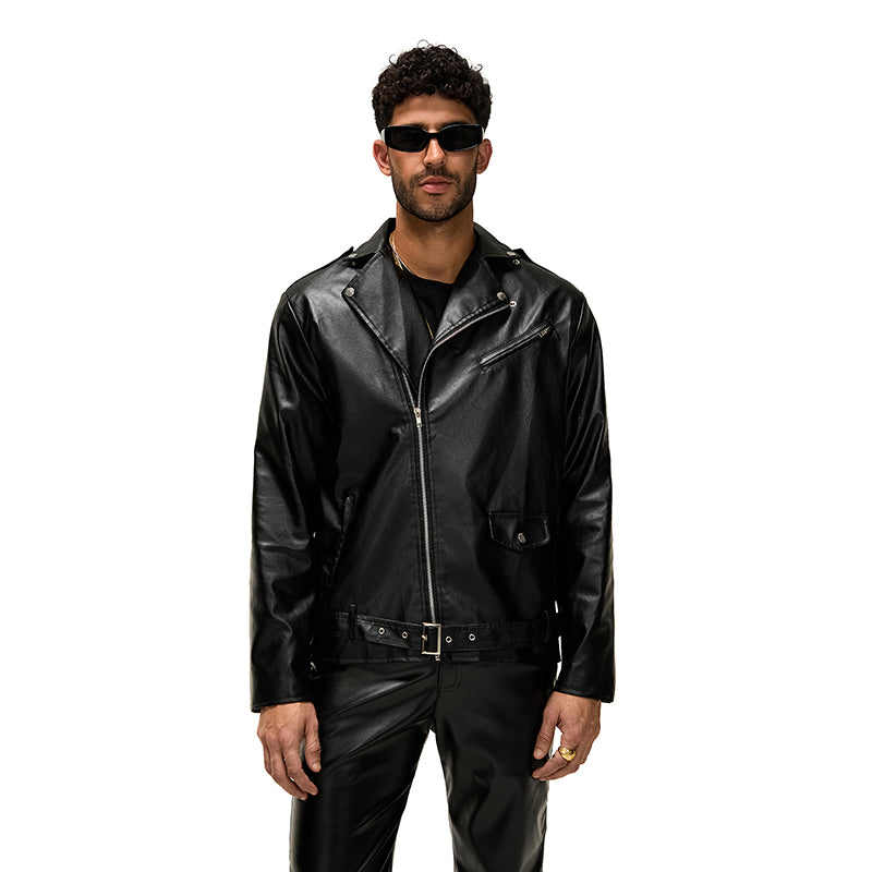 Men s Classic Black Leather Biker Jacket with Quilted Shoulders and Zippered Po image 1