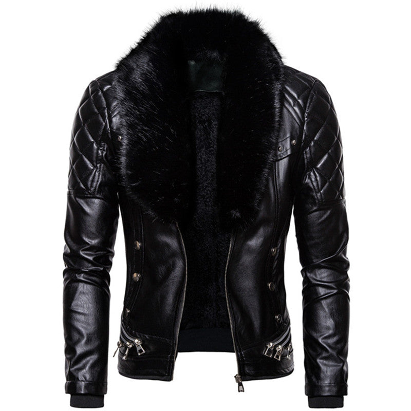 New Winter Fleece Motorcycle Leather Jacket Men Turn Down Fur Collar Slim Fit W image 2