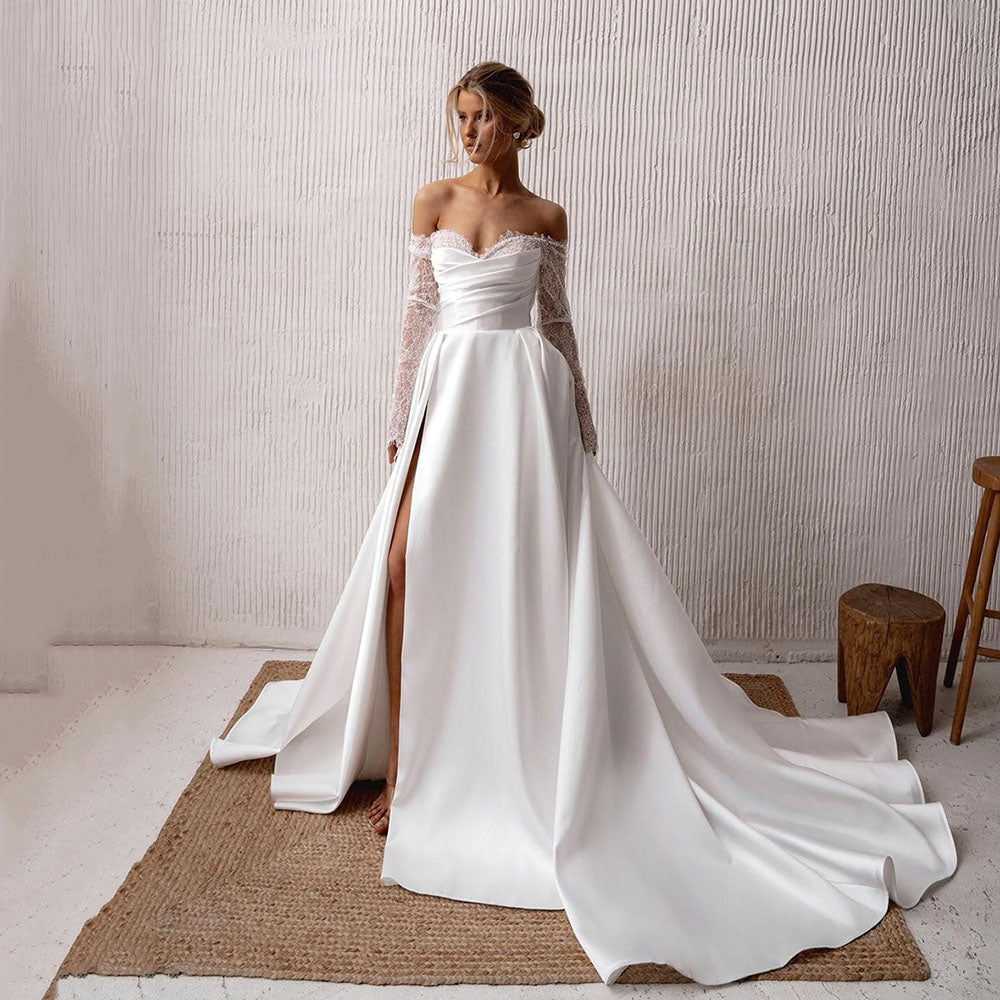 SoDigne  Modern Wedding Dresses Sweetheart Lace Long Sleeves Bride Dress