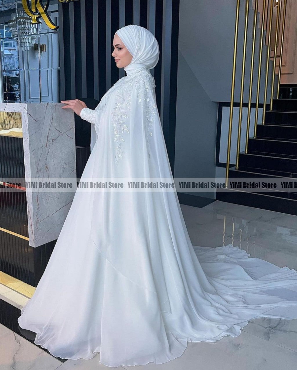 Elegant Muslim Wedding Dresses with Cape High Neck Long Sleeves Sweep Train Chi image 2