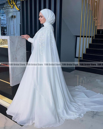 Elegant Muslim Wedding Dresses with Cape High Neck Long Sleeves Sweep Train Chi image 2