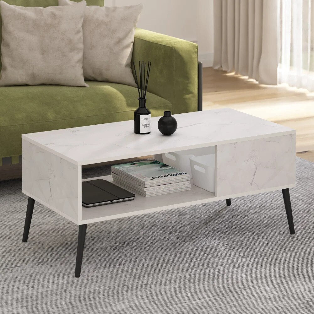 Claude Mid Century Style Coffee Table with Wood Legs, Marble White image 1
