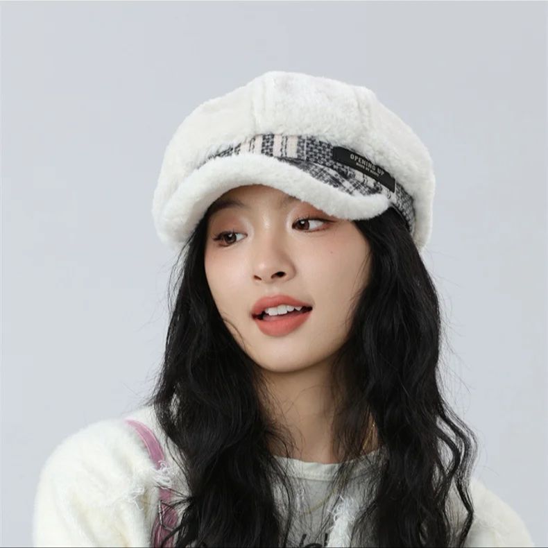 Plush Octagonal Cap Girls Autumn Winter Warm Beret Big Head Face Small Newspape image 9