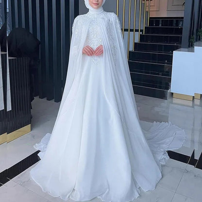 Muslim Wedding Dresses with Cape High Neck Long Sleeves Sweep Train Chi