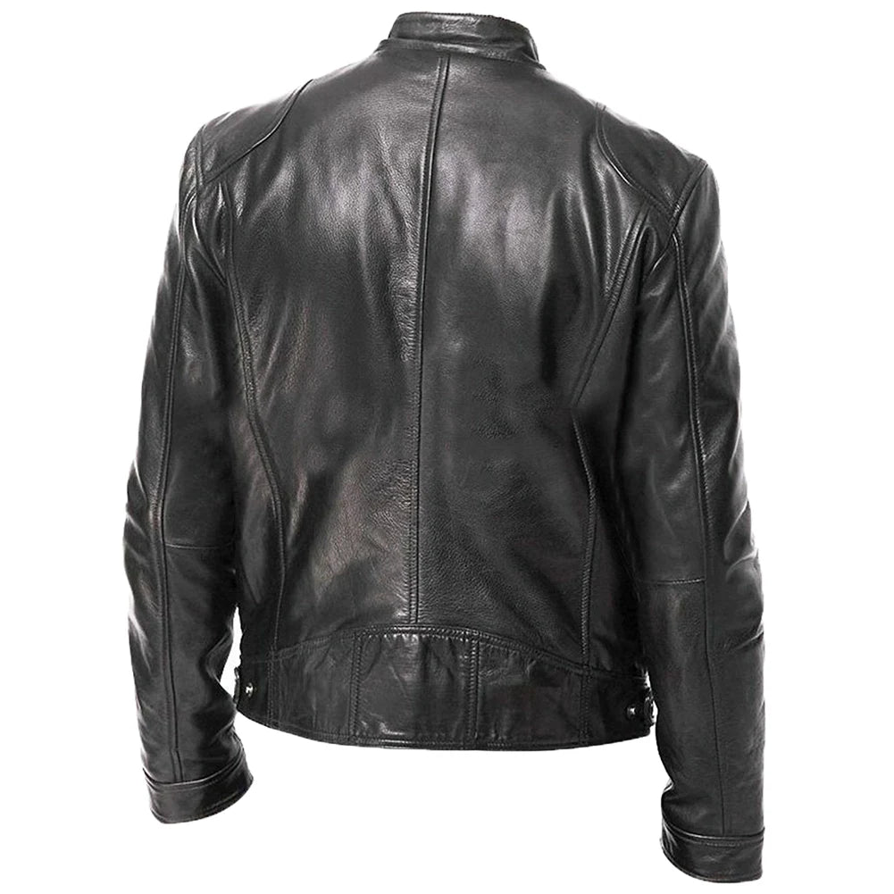 Motorcycle Jacket Men Slim Fit Collar Zipper Stand PU Leather Coat image 9