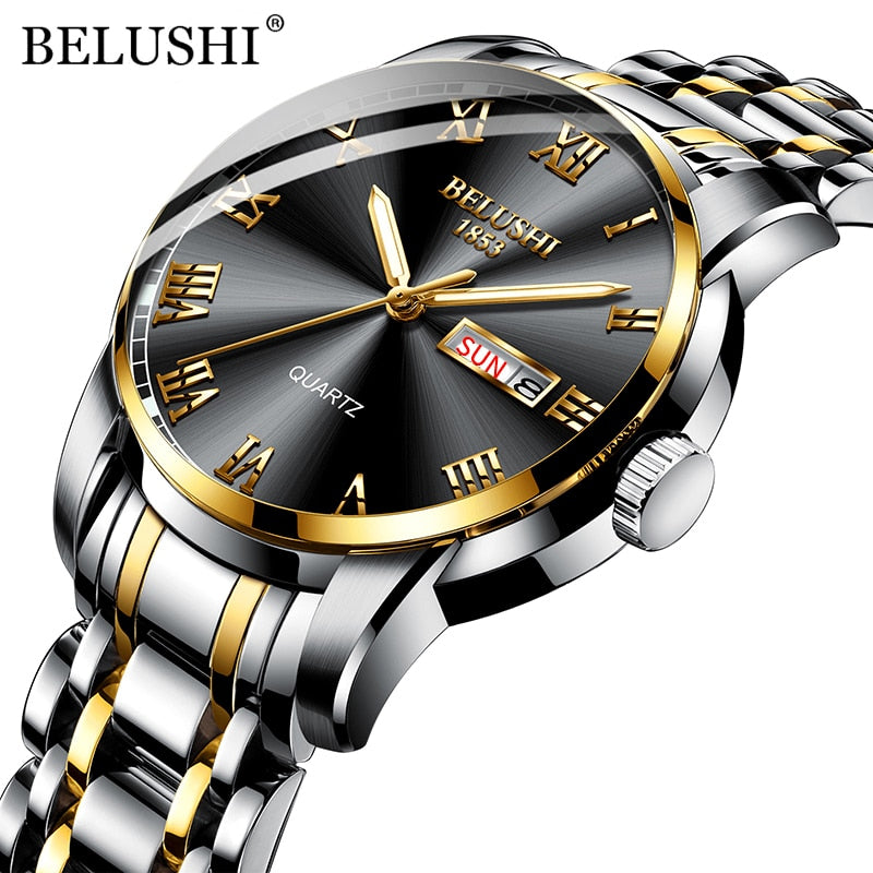 BELUSHI Men's Fashion Business Quartz Watches Top Luxury Brand Full Steel Water image 11