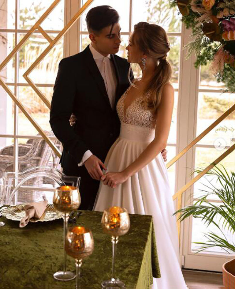 Smileven Elegant Satin Wedding Dresses Top Lace V Neck Bride Gown Backless Wedd image 2