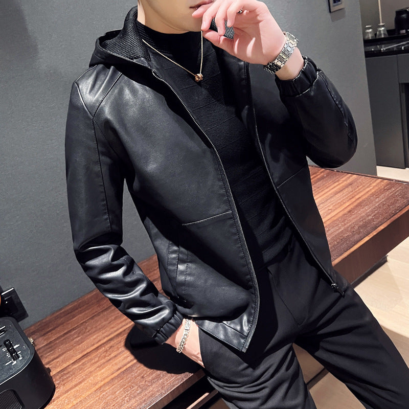 Autumn Men's Vintage Hooded PU Leather Jacket Fashion Motorcycle Windproof Outw image 5