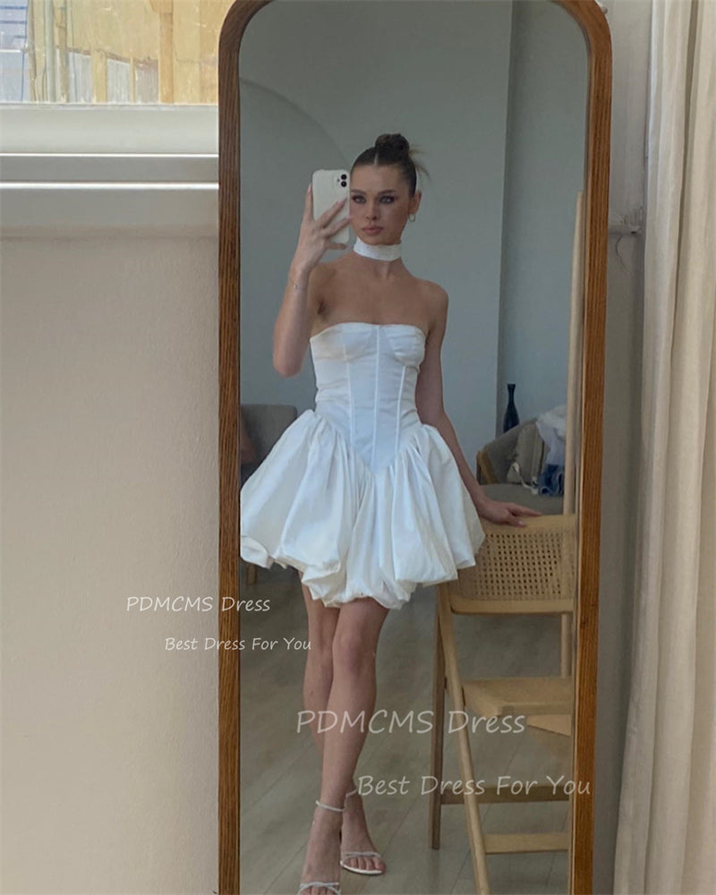  Ivory A Line Short Wedding Party Dresses Draped Satin Strapless Bridal Gow image 2