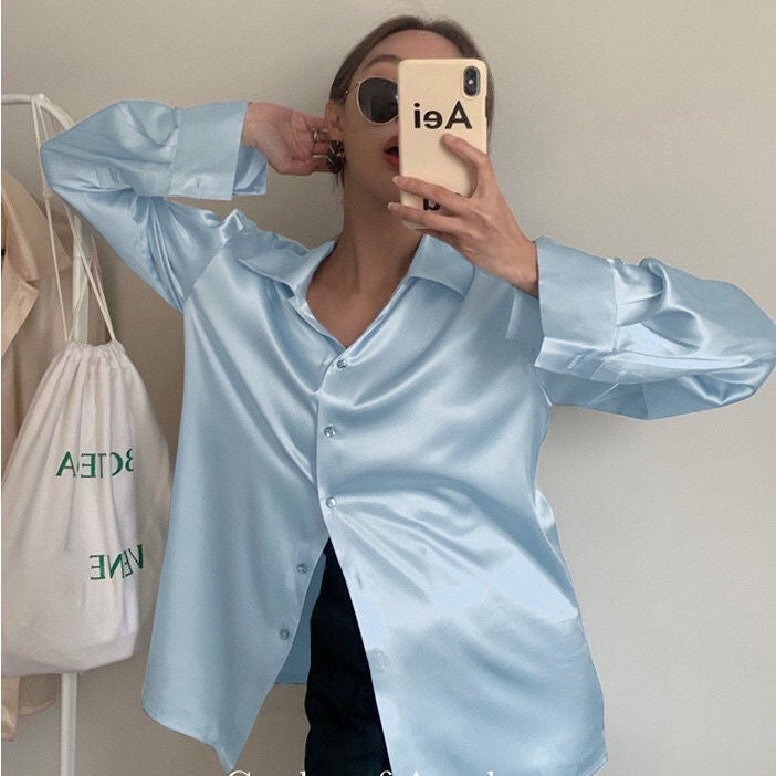 2024 Summer Trend Fashion Women's Casual Elegant Satin Long Sleeved Shirt Offic image 9