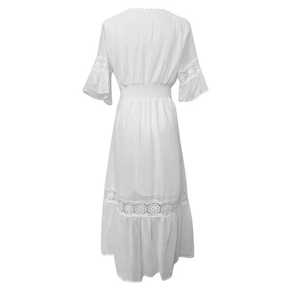 White Deep V Dress 2024 Summer Women Loose Casual Beach Wedding Party Vacation image 4