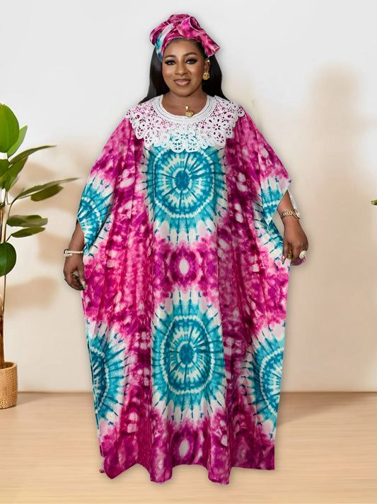 Plus Size Colorblock Tie Dye Pattern Kaftan Dress, Elegant Crew Neck Batwing Sl