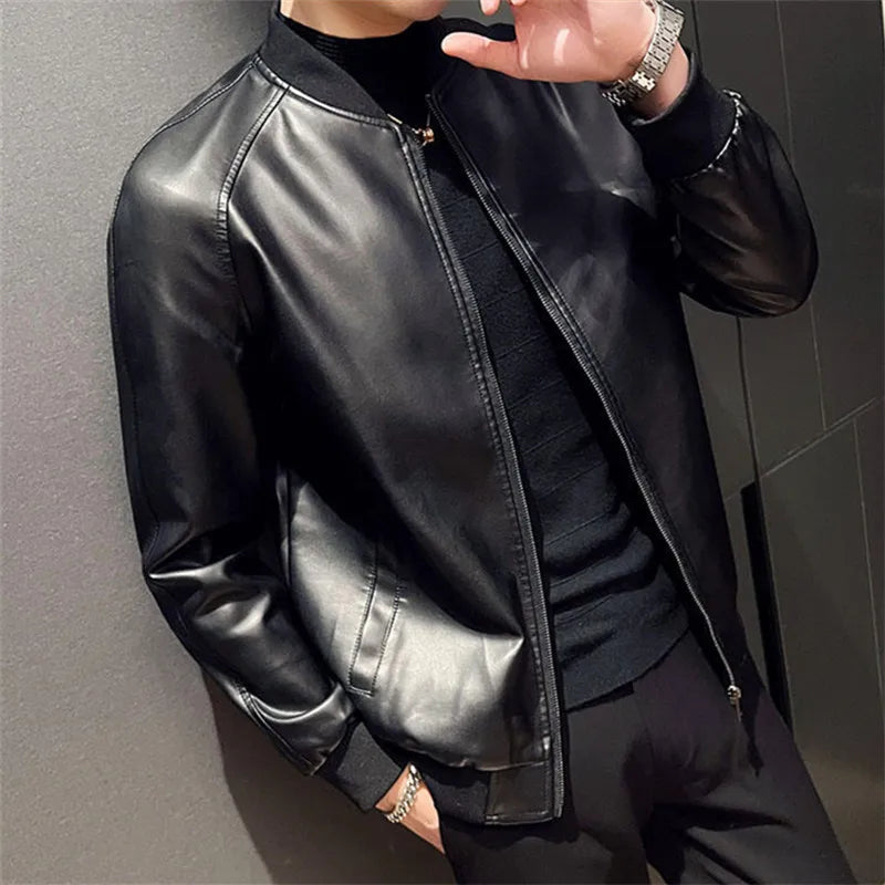 Men's PU Leather Jacket Fashion Baseball Collar Casual  Jackets Solid Color Mot image 4
