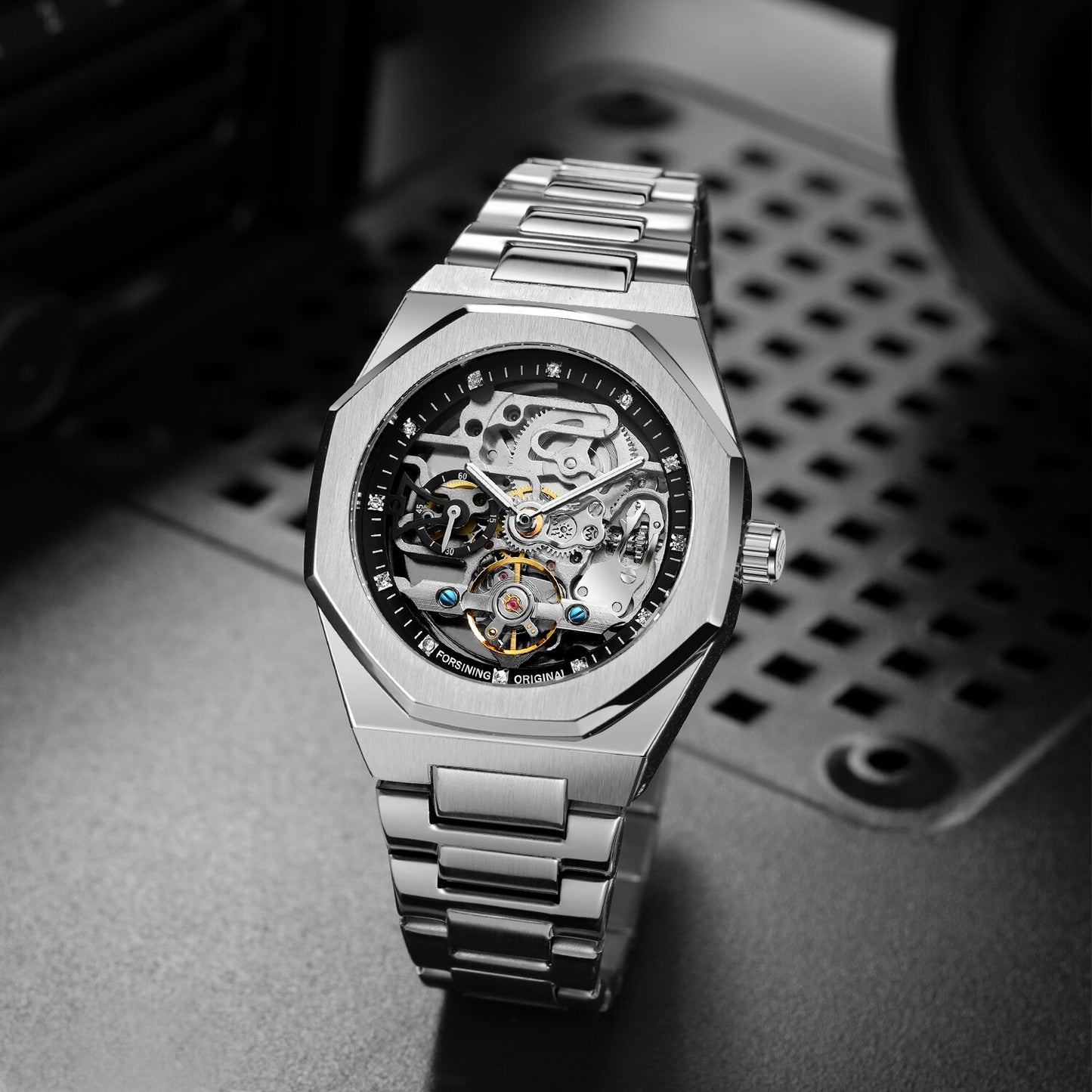 Forsining Black Automatic Watch 3D Diamond Dial Irregular Skeleton Mechanical W image 6