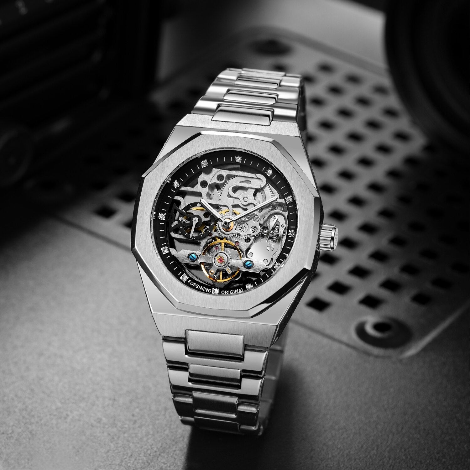 Forsining Black Automatic Watch 3D Diamond Dial Irregular Skeleton Mechanical W image 6