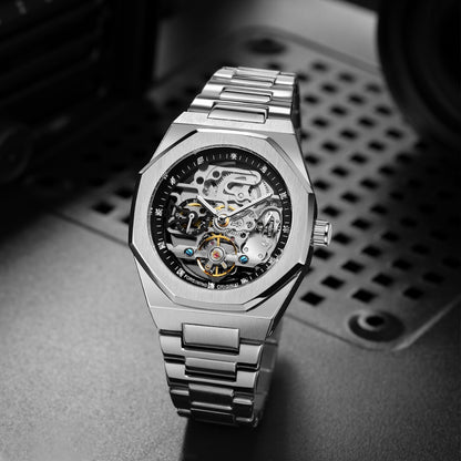Forsining Black Automatic Watch 3D Diamond Dial Irregular Skeleton Mechanical W image 6