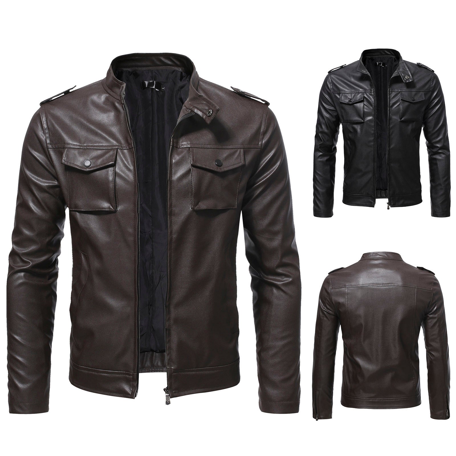 Streetwear Men's Zipper Pu Leather Jackets Slim Long Sleeve Zip Up Casual Jacke image 5