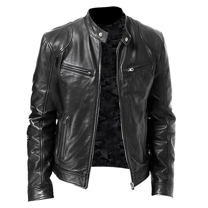 Vintage Men Autumn And Winter Leather Jacket Plus Velvet Stand Collar Zip Up  image 4