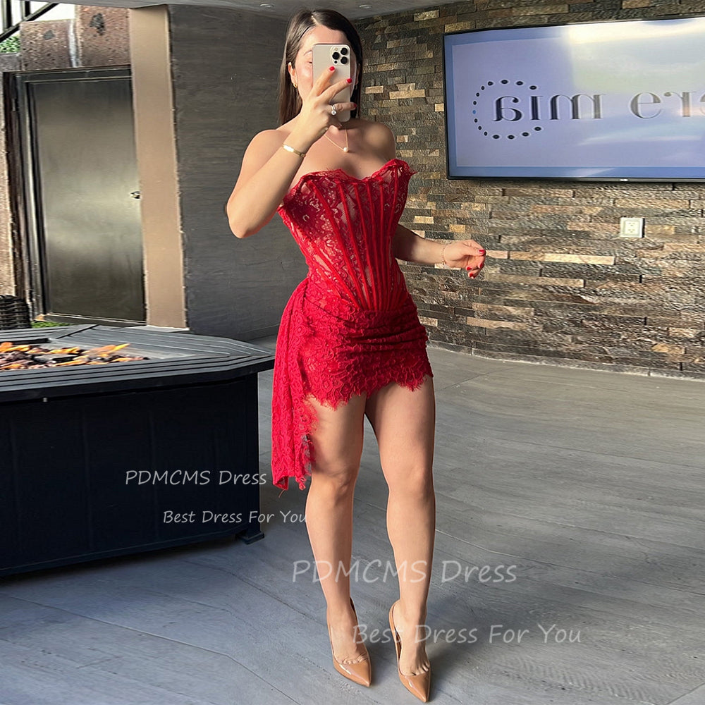 Red Strapless Lace Short Party Dresses Dubai Arabic Woman Cocktail Dress Blackg image 1