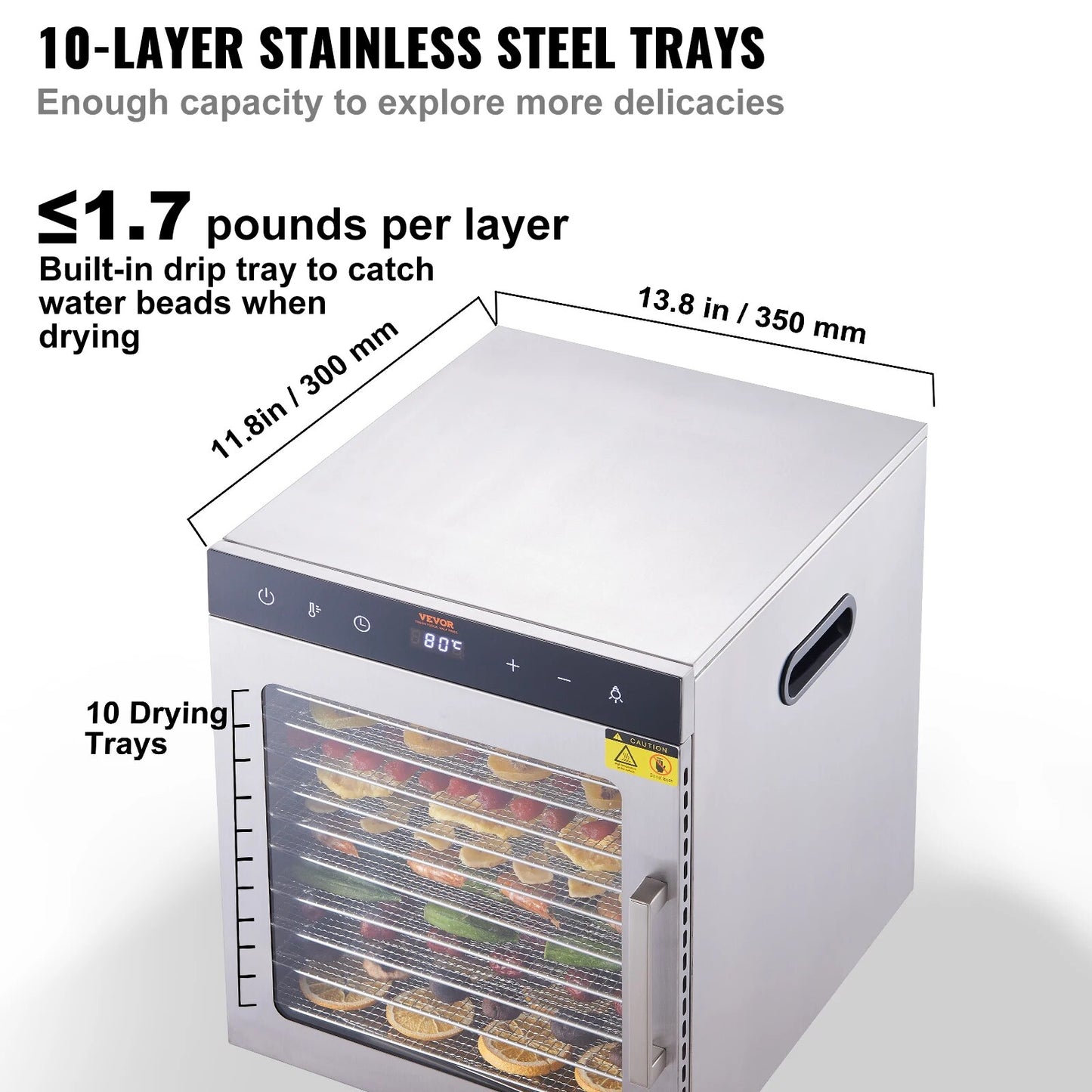 VEVOR 10 Trays Food Dehydrator Stainless Steel Machine 800W/1000W Household Veg image 3