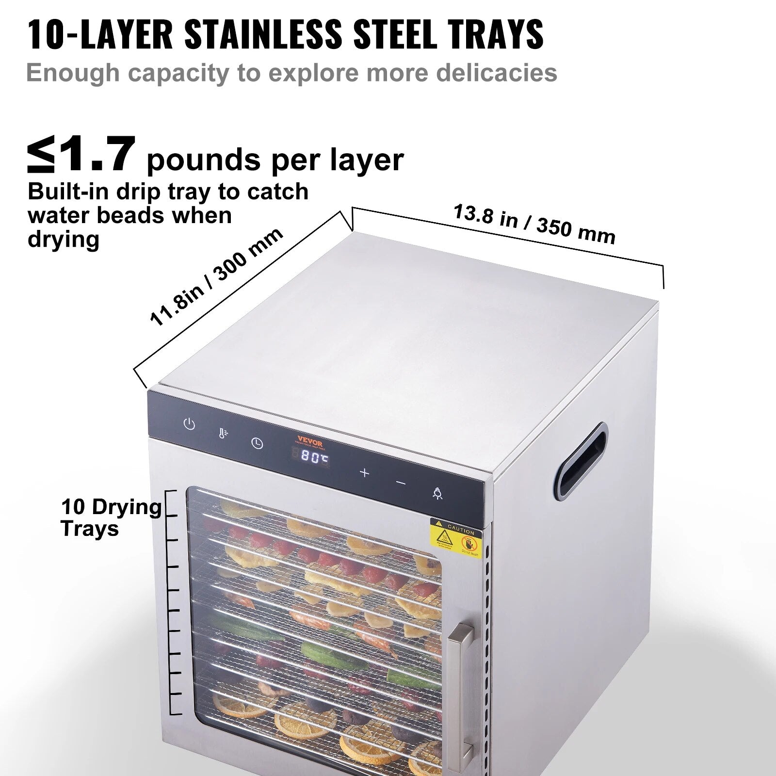 VEVOR 10 Trays Food Dehydrator Stainless Steel Machine 800W/1000W Household Veg image 3
