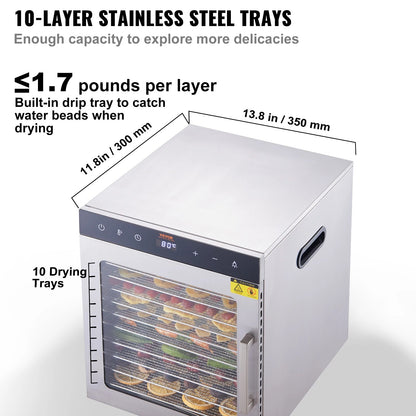 VEVOR 10 Trays Food Dehydrator Stainless Steel Machine 800W/1000W Household Veg image 3